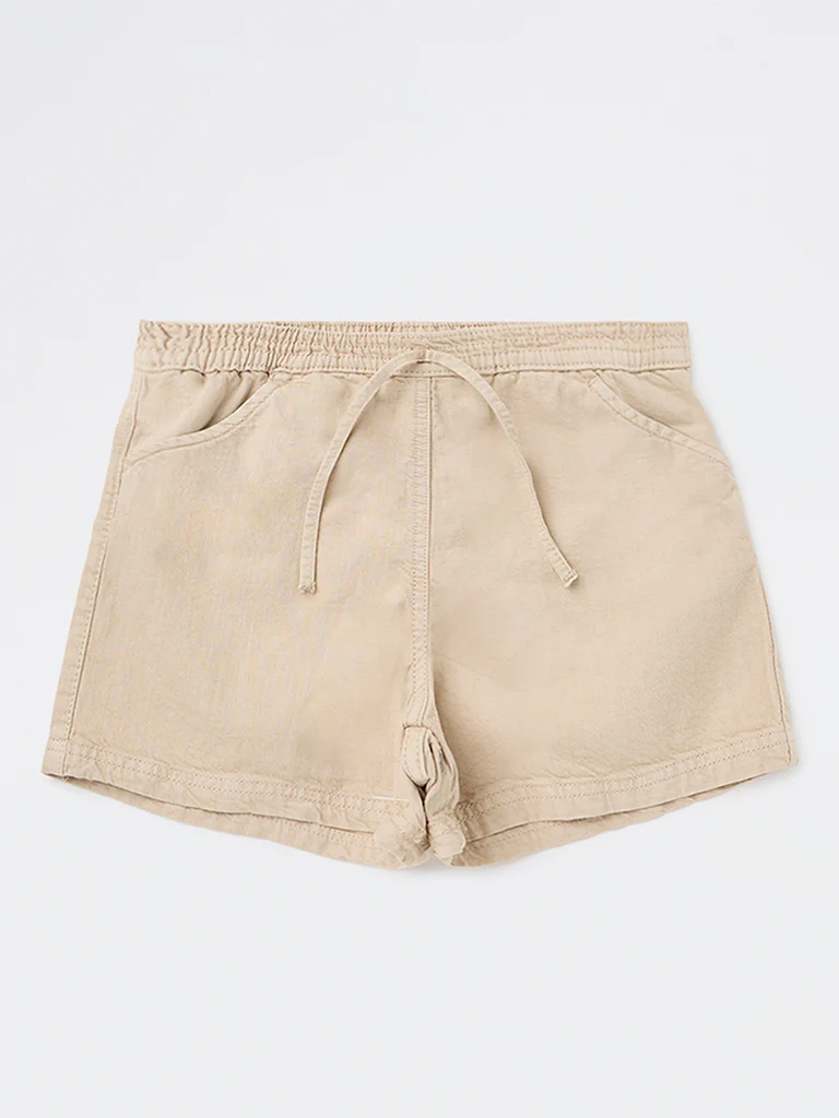 Y&F Kids Girls Beige High-Rise Cotton Shorts - Image 4