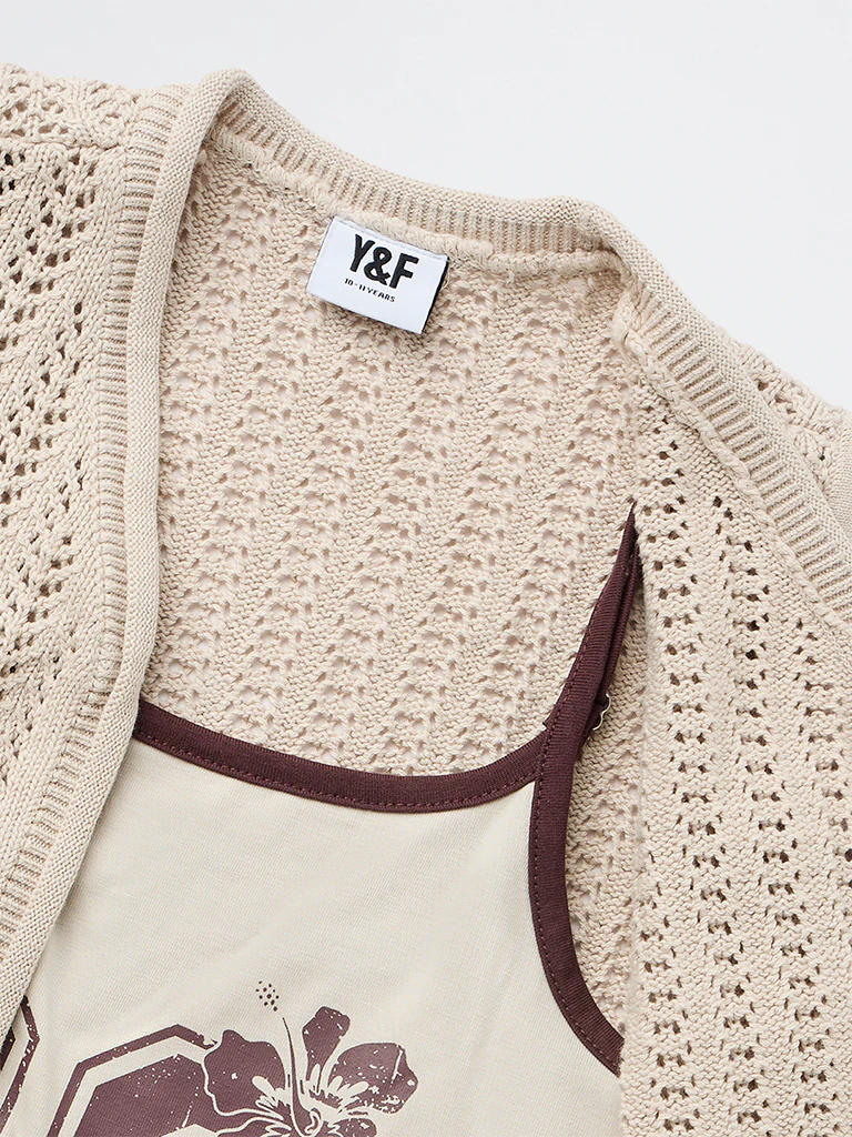 Y&F Kids Girls Beige Printed Cotton Top - Image 5
