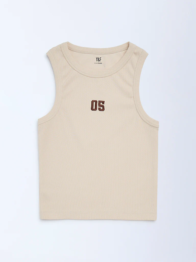 Y&F Kids Girls Beige Ribbed-Textured Cotton-Blend Tank Top