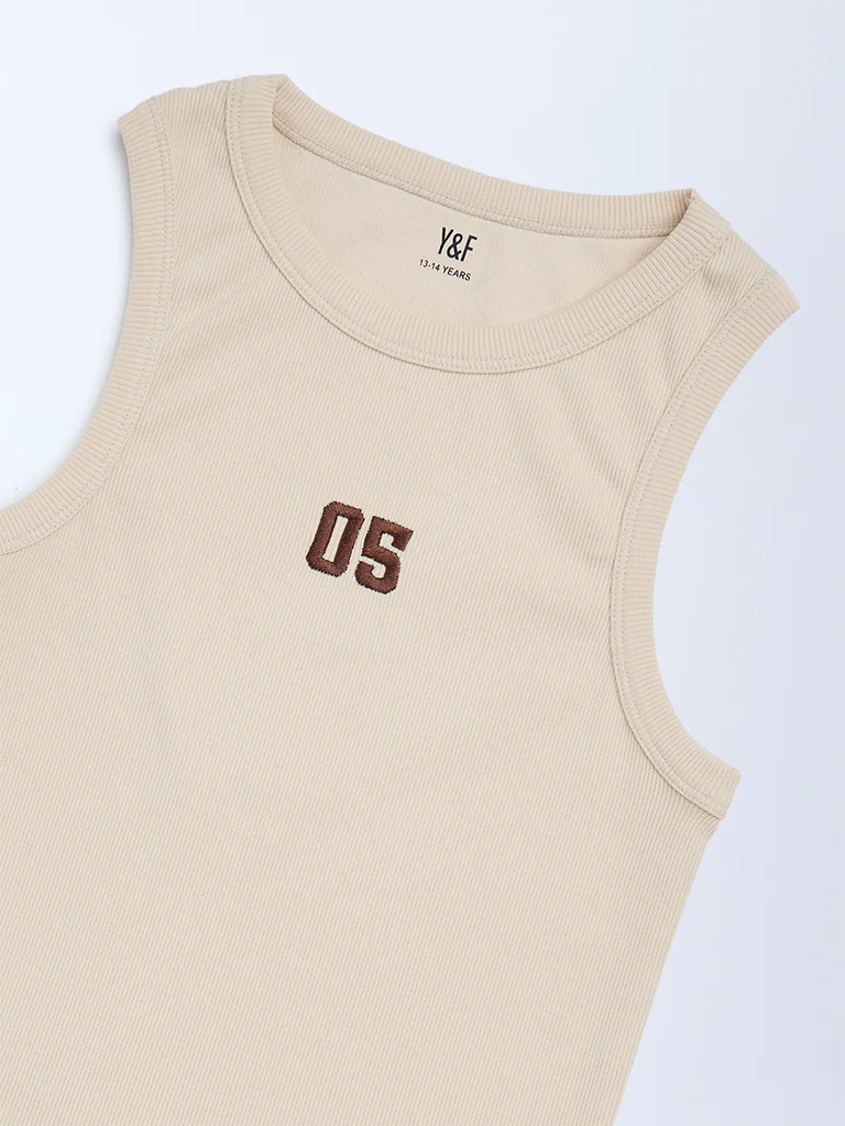 Y&F Kids Girls Beige Ribbed-Textured Cotton-Blend Tank Top - Image 3