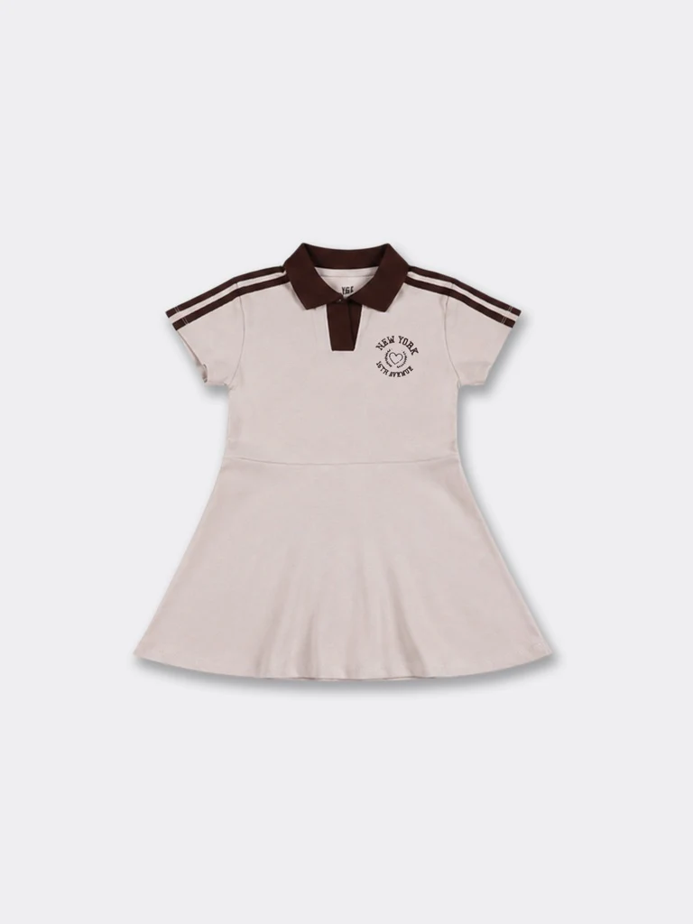Y&F Kids Girls Beige Side Stripe Cotton-Blend Dress