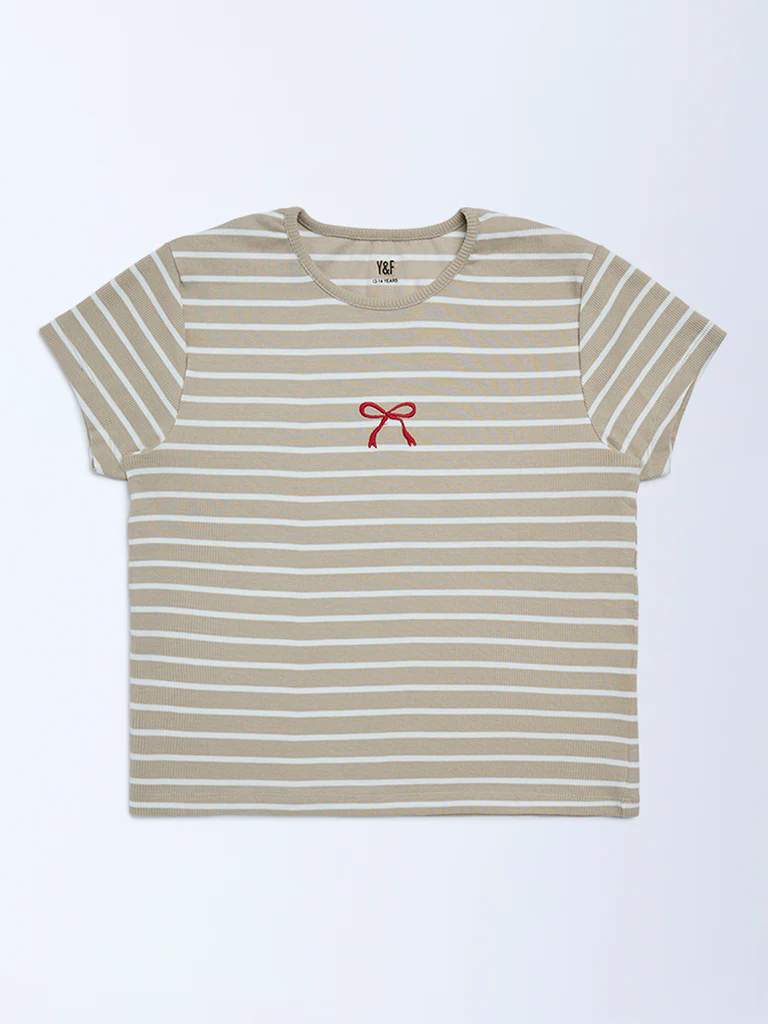 Y&F Kids Girls Beige Striped Cotton T-Shirt