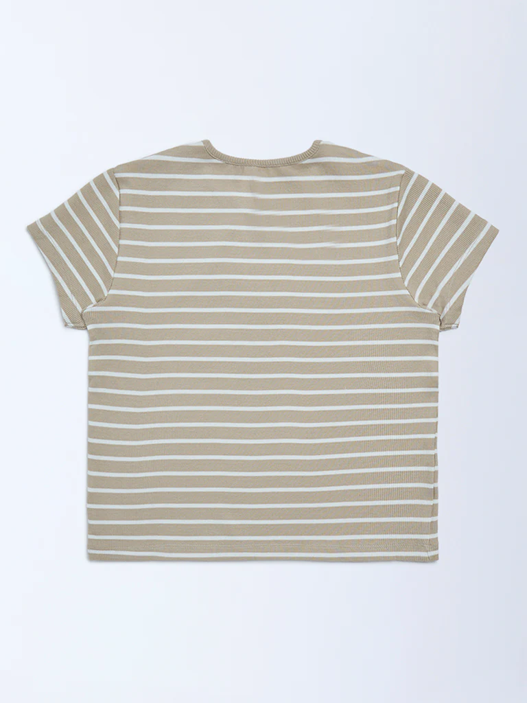 Y&F Kids Girls Beige Striped Cotton T-Shirt - Image 3