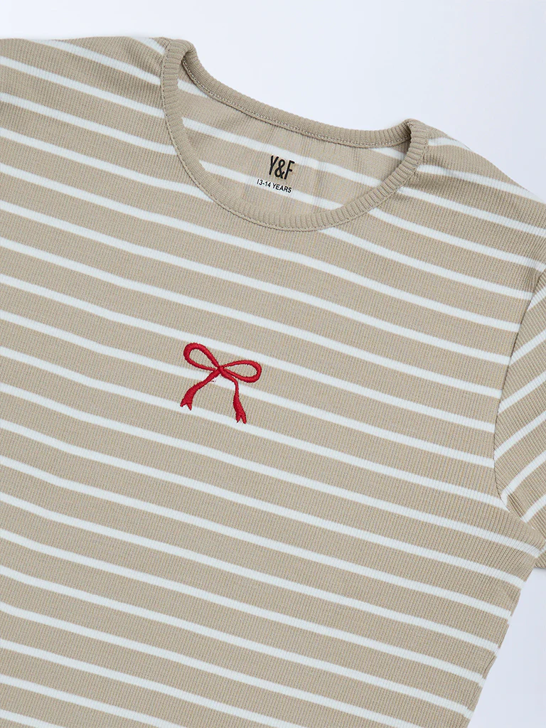Y&F Kids Girls Beige Striped Cotton T-Shirt - Image 4