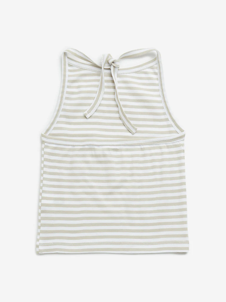 Y&F Kids Girls Beige Striped Halter-Neck Cotton Top - Image 3