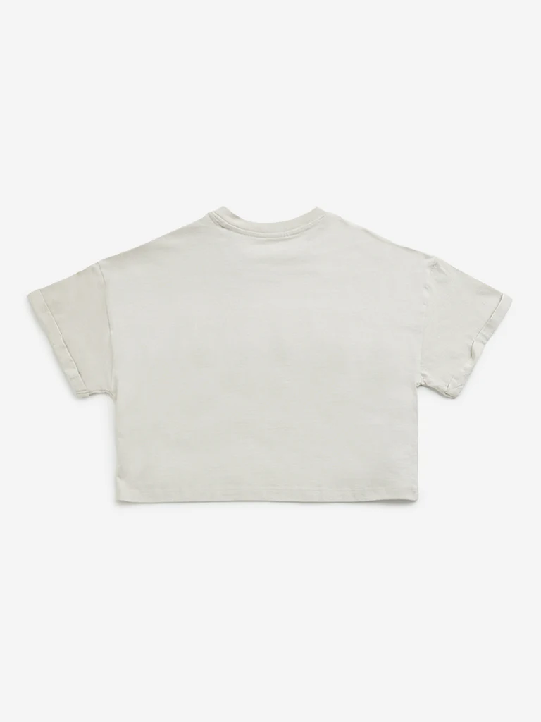Y&F Kids Girls Beige Text Design Cotton Crop T-Shirt - Image 3