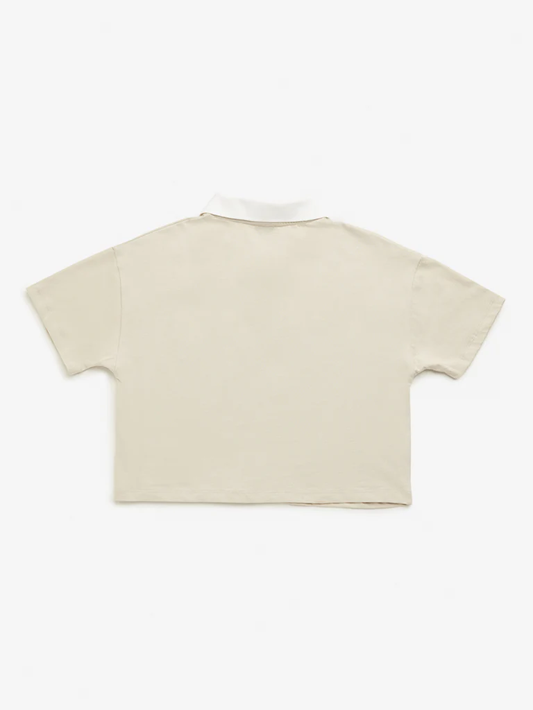 Y&F Kids Girls Beige Text Design Polo Crop Cotton T-Shirt - Image 3