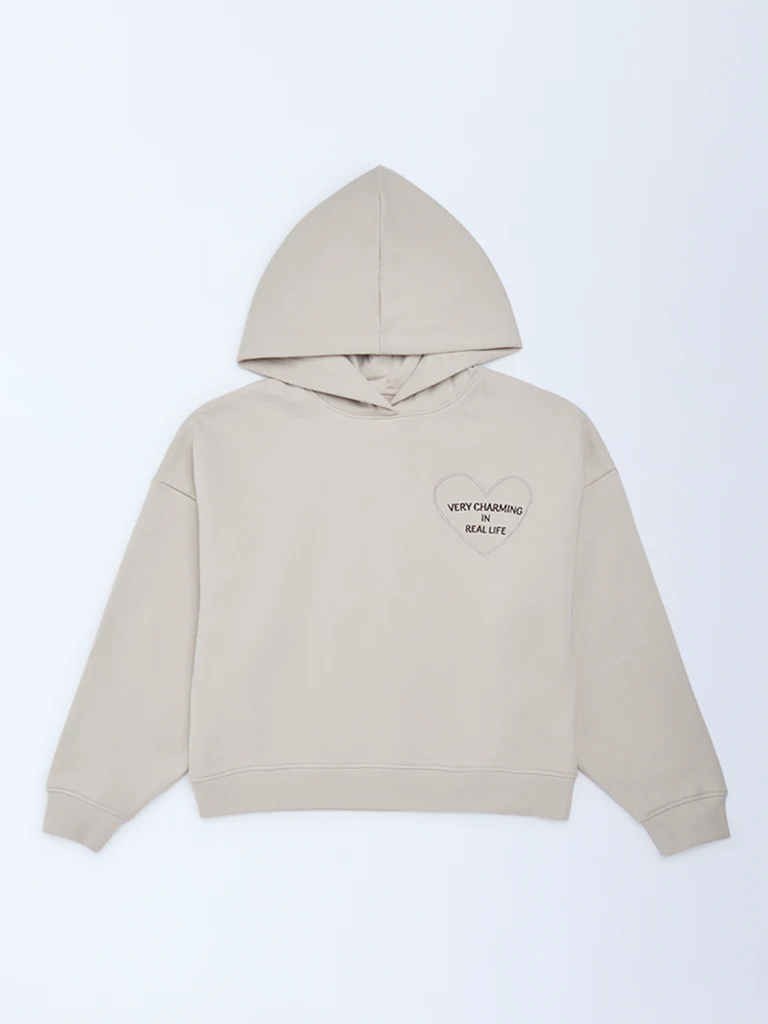 Y&F Kids Girls Beige Typographic Cotton-Blend Hoodie