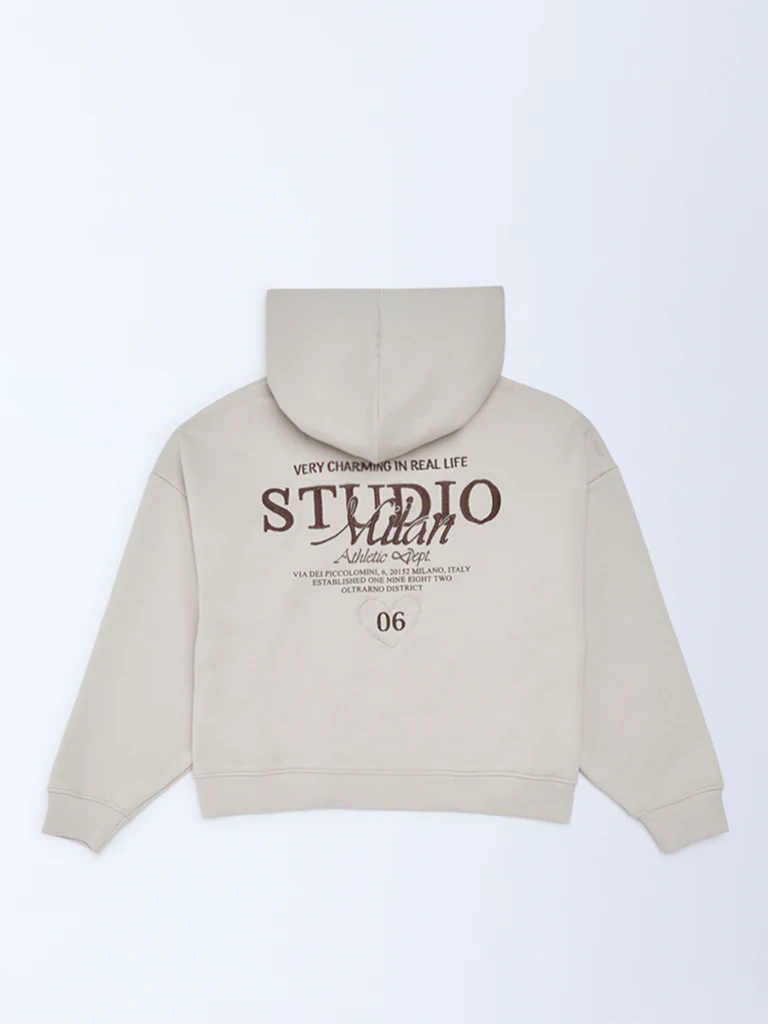 Y&F Kids Girls Beige Typographic Cotton-Blend Hoodie - Image 2