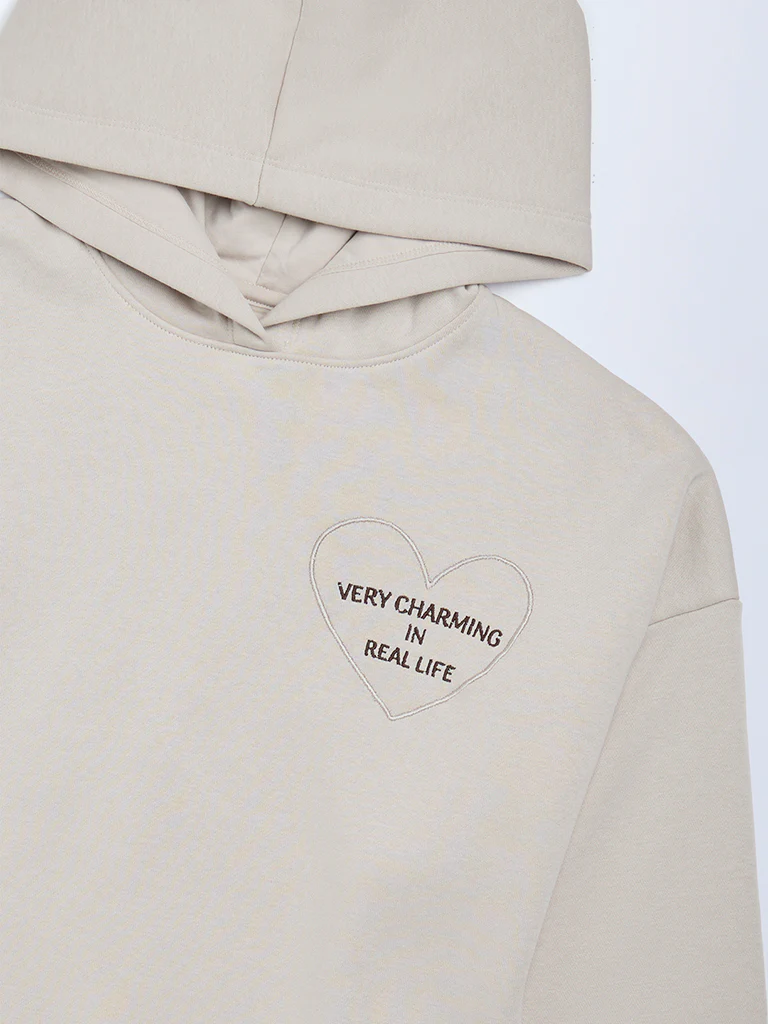 Y&F Kids Girls Beige Typographic Cotton-Blend Hoodie - Image 3