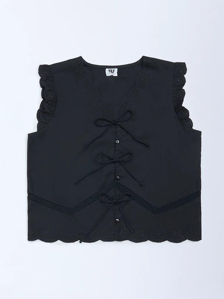 Y&F Kids Girls Black Bow-Detailed Cotton Top