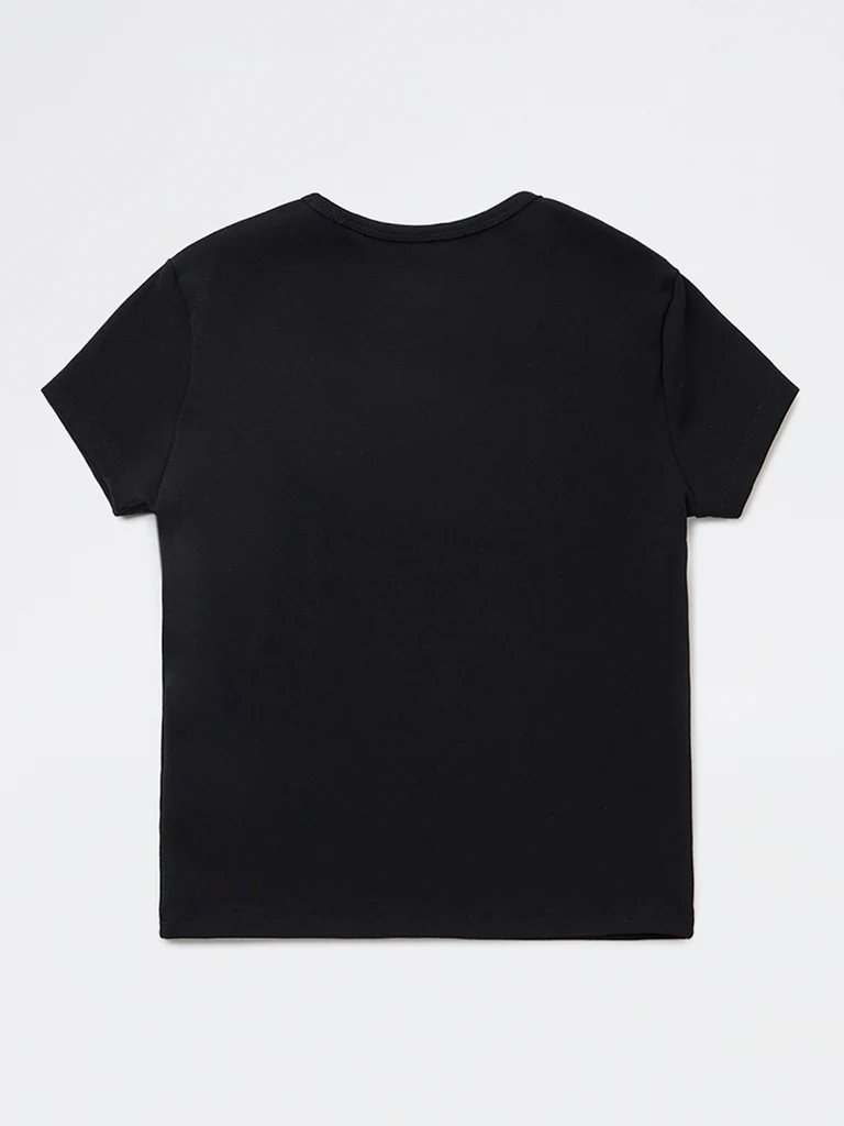 Y&F Kids Girls Black Embroidered Cotton-Blend T-Shirt - Image 3
