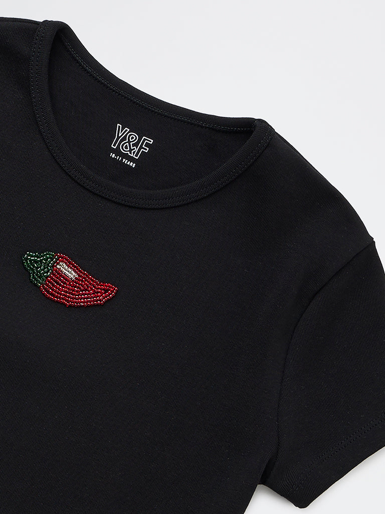 Y&F Kids Girls Black Embroidered Cotton-Blend T-Shirt - Image 4