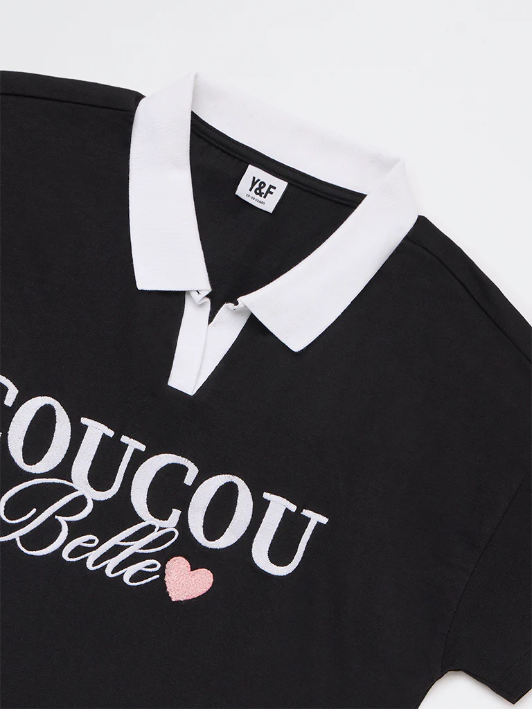 Y&F Kids Girls Black Embroidered Cotton T-Shirt - Image 4
