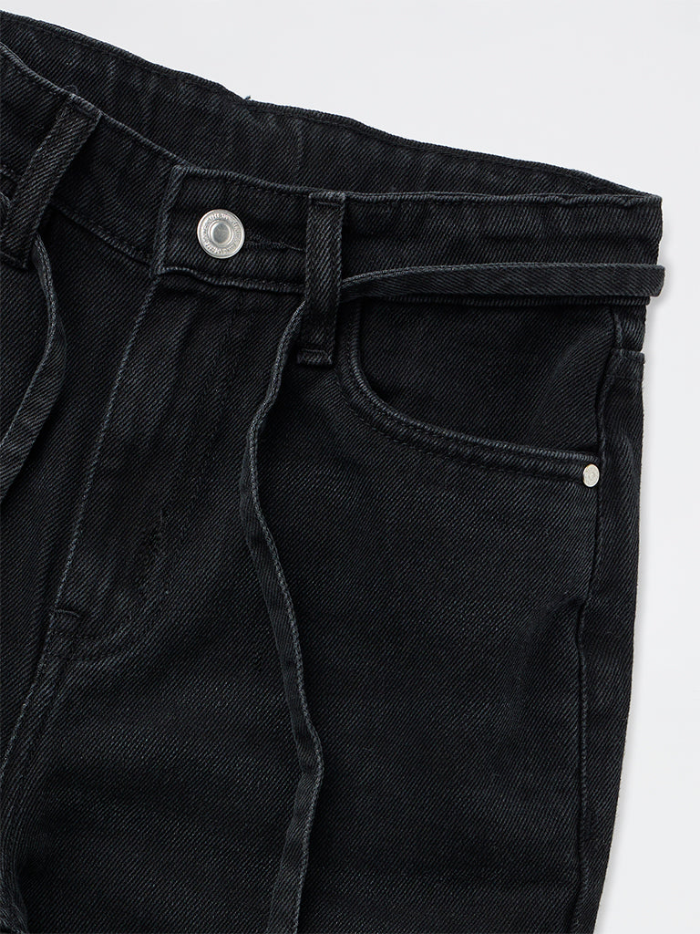 Y&F Kids Girls Black High-Rise Jeans with Belt - Image 3