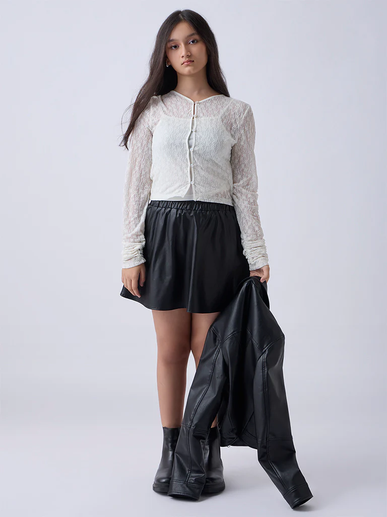Y&F Kids Girls Black High-Rise Leather Skirt