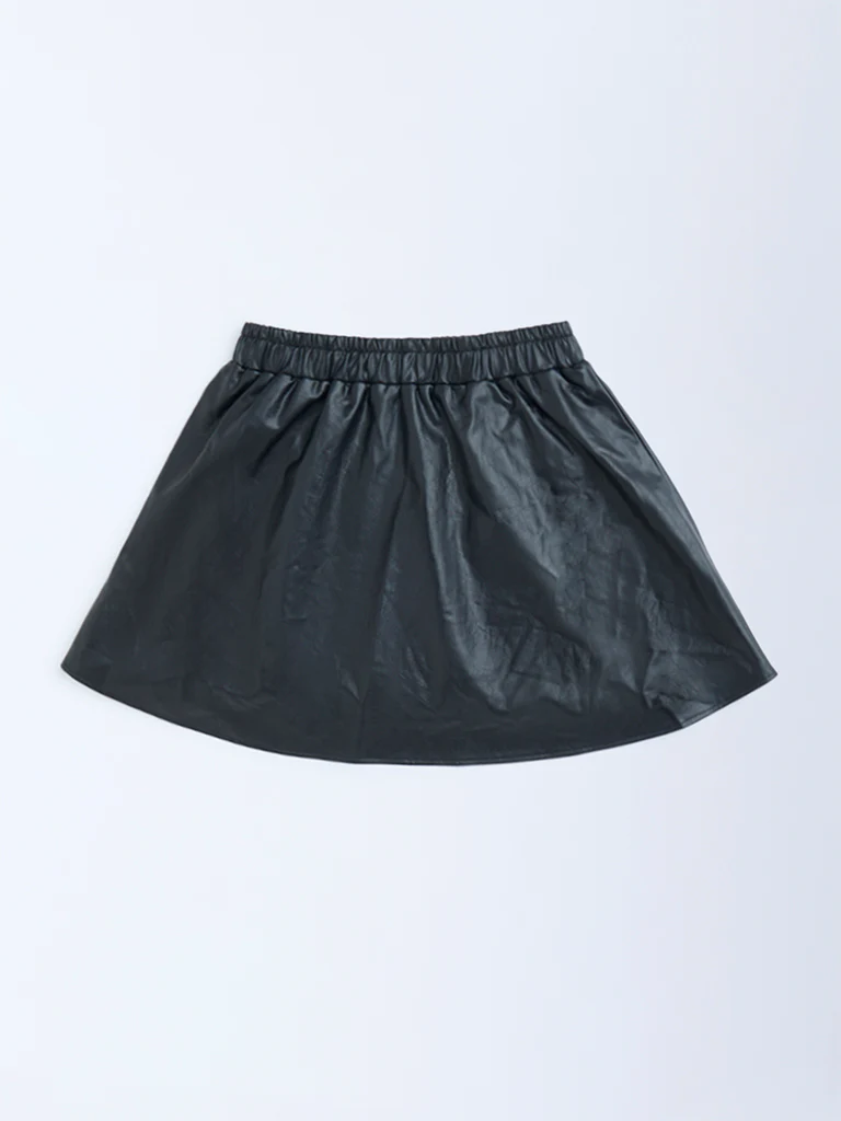 Y&F Kids Girls Black High-Rise Leather Skirt - Image 3