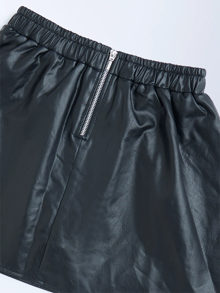 Y&F Kids Girls Black High-Rise Leather Skirt - Image 5