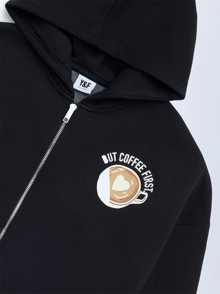 Y&F Kids Girls Black Printed Cotton-Blend Hoodie - Image 4