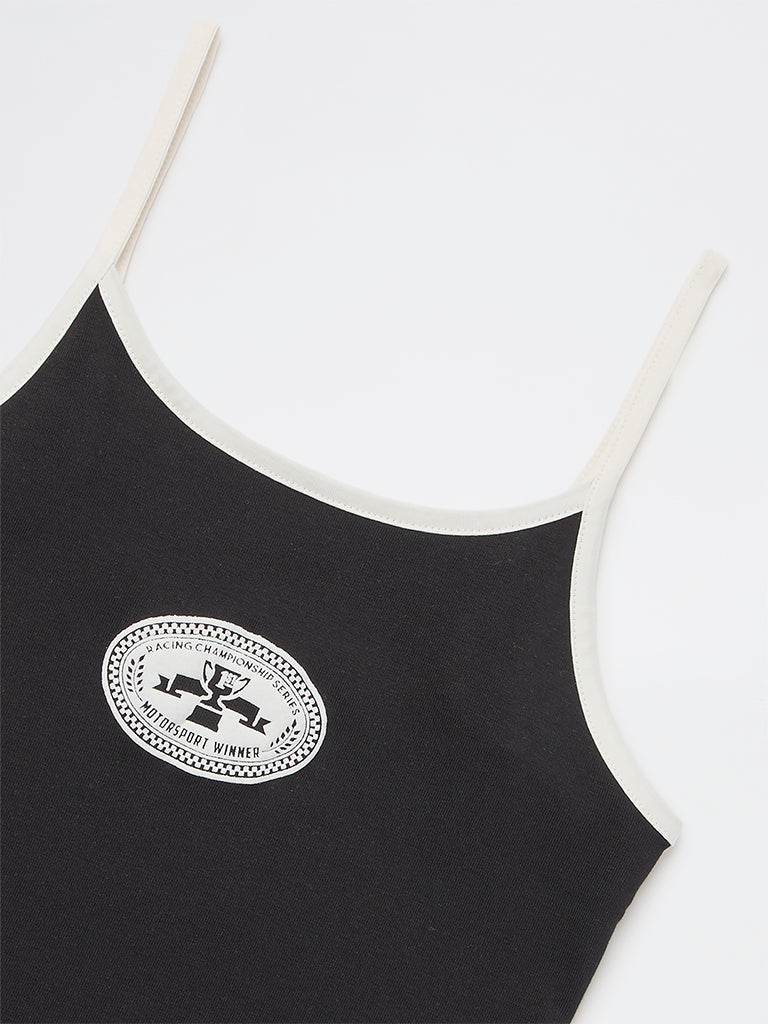 Y&F Kids Girls Black Printed Cotton-Blend Spaghetti Top - Image 3