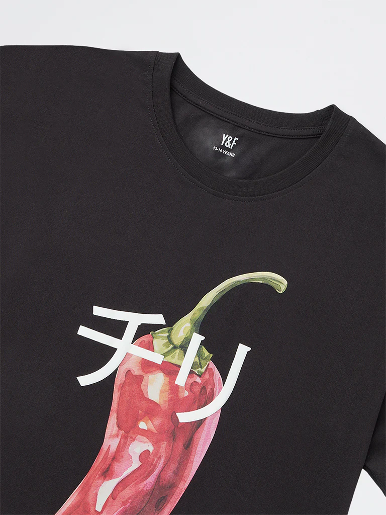 Y&F Kids Girls Black Printed Cotton T-Shirt - Image 5