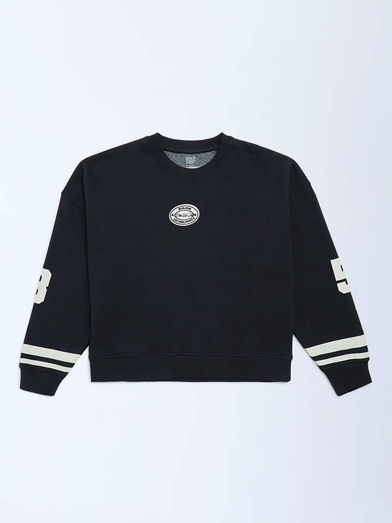 Y&F Kids Girls Black Text Design Cotton-Blend Sweatshirt