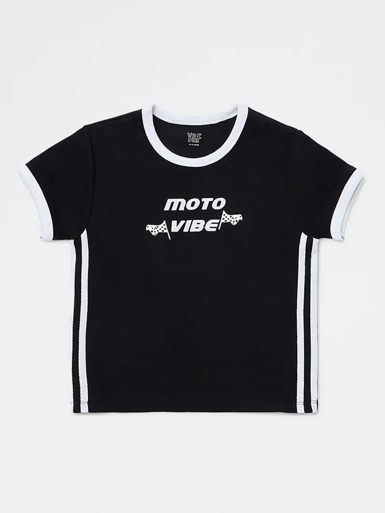 Y&F Kids Girls Black Text Detailed Cotton-Blend T-Shirt