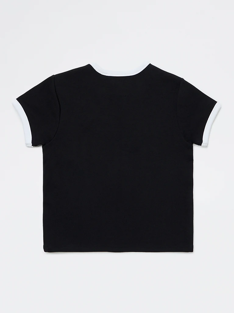 Y&F Kids Girls Black Text Detailed Cotton-Blend T-Shirt - Image 3