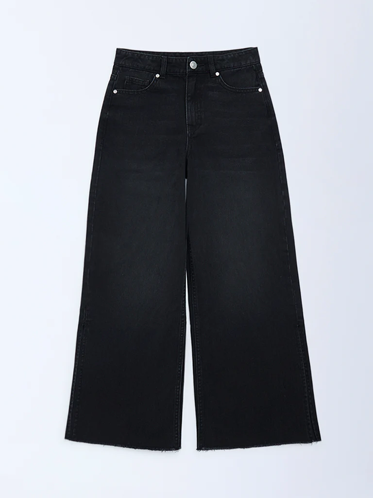 Y&F Kids Girls Black Wide-Leg High-Rise Jeans