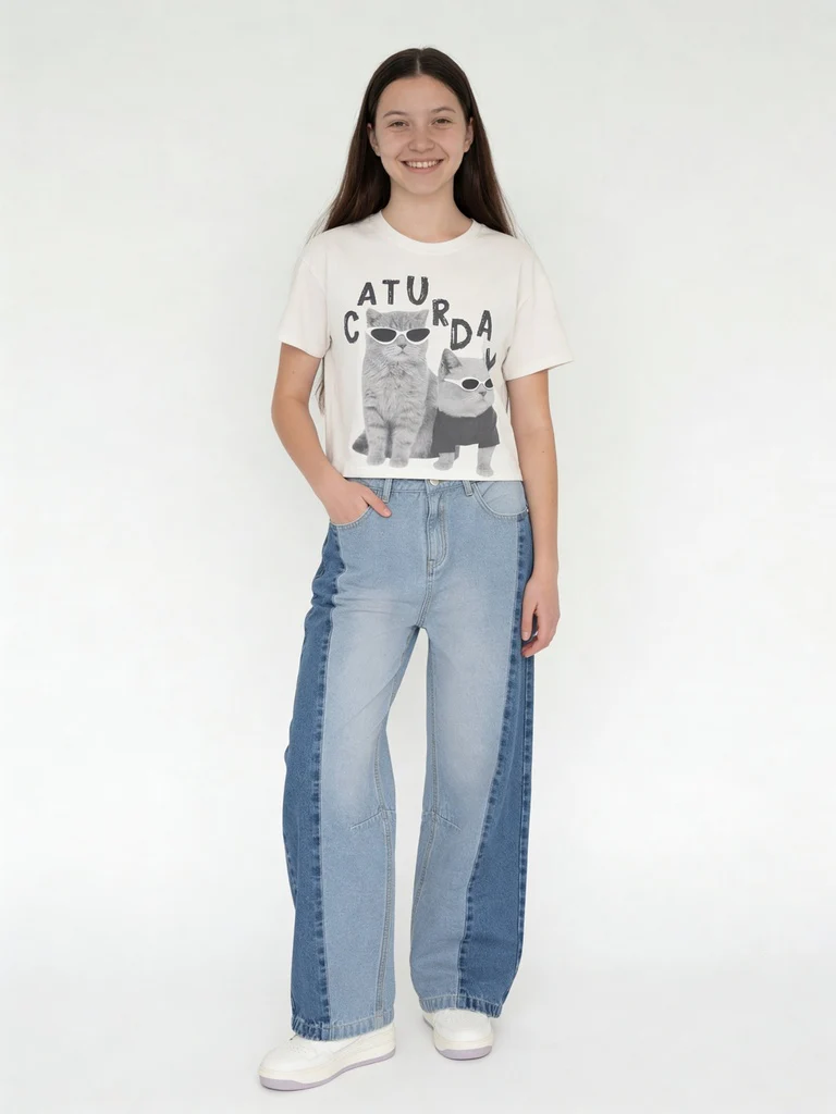 Y&F Kids Girls Blue Colour-Blocked High-Rise Jeans