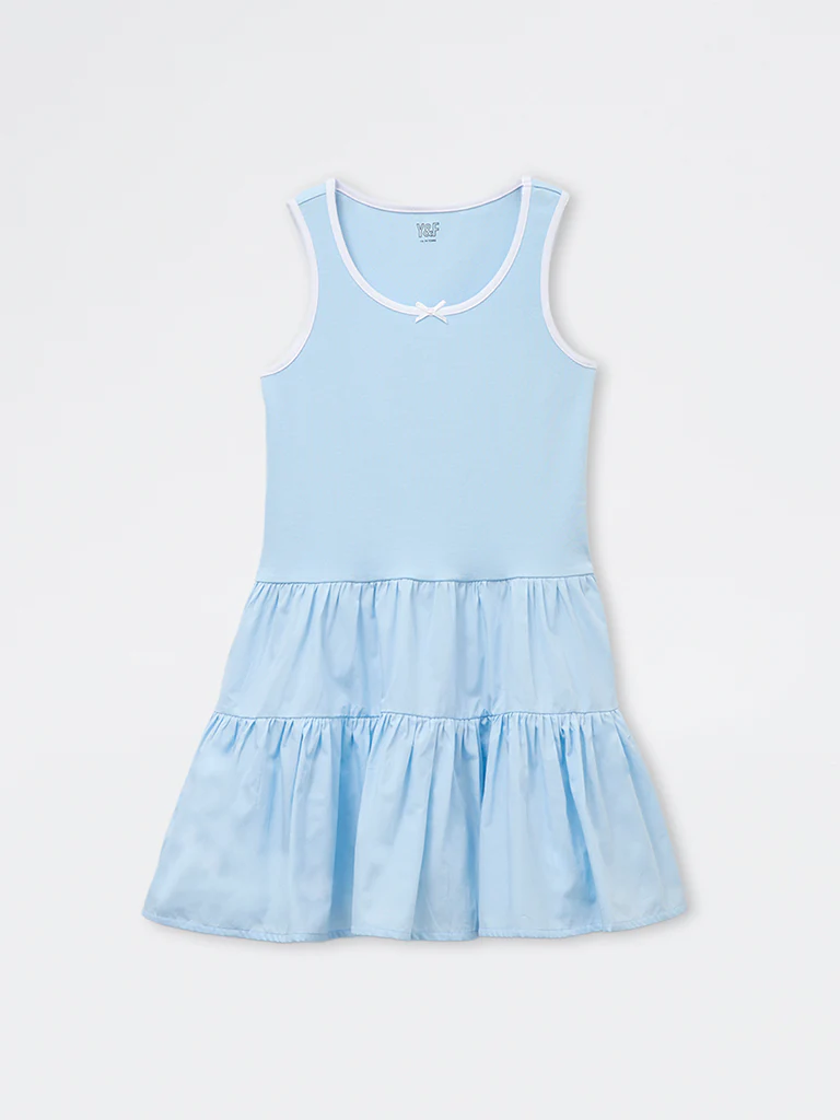 Y&F Kids Girls Blue Cotton-Blend Tiered Dress - Image 3