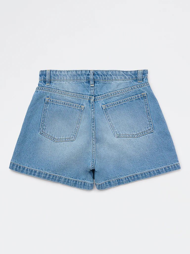 Y&F Kids Girls Blue Faded High-Rise Denim Skorts - Image 2