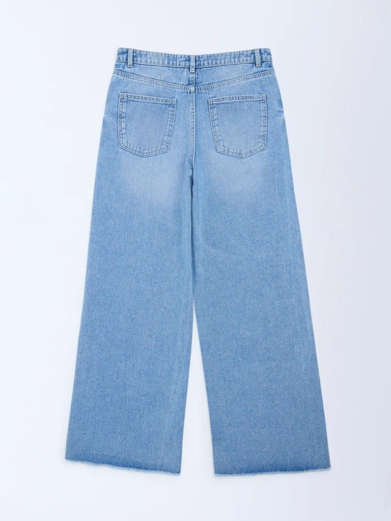 Y&F Kids Girls Blue Faded Wide-Leg High-Rise Jeans - Image 3