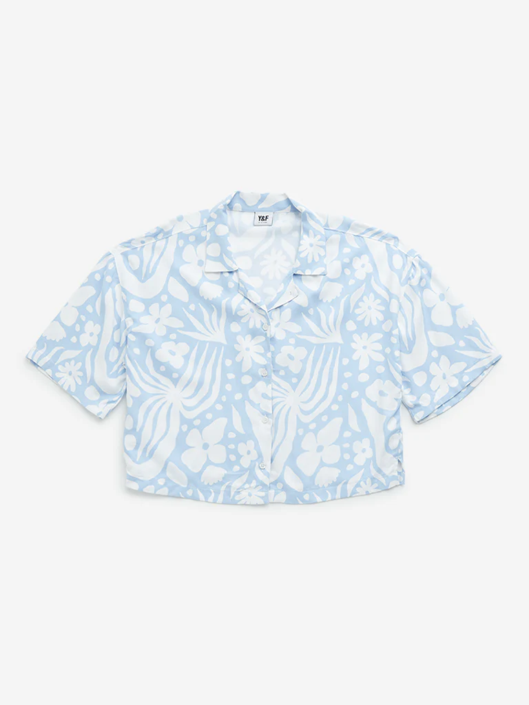 Y&F Kids Girls Blue Floral Print Cotton Cropped Shirt