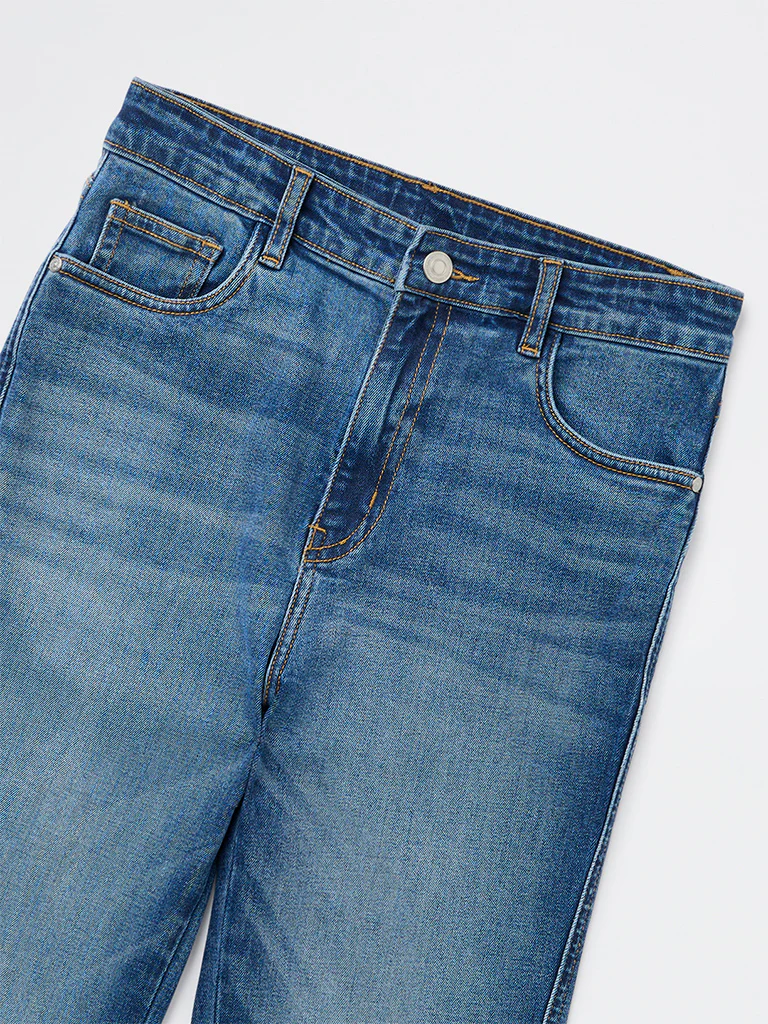 Y&F Kids Girls Blue High-Rise Cotton-Blend Flared Jeans - Image 3