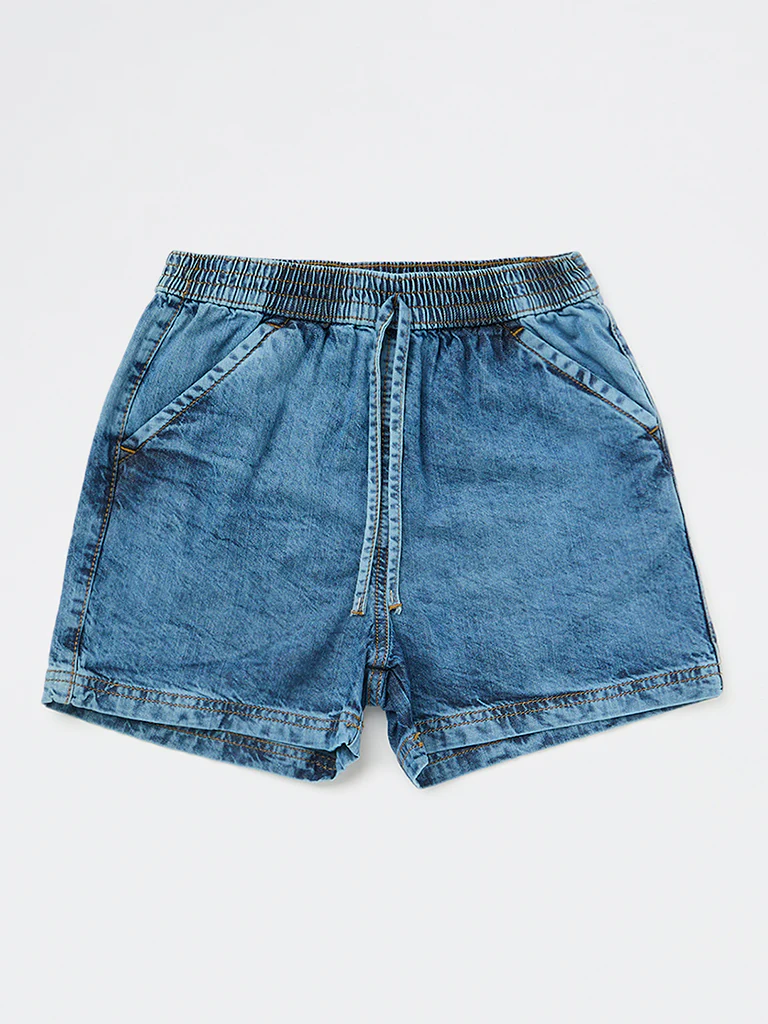 Y&F Kids Girls Blue Mid-Wash High-Rise Denim Shorts - Image 4