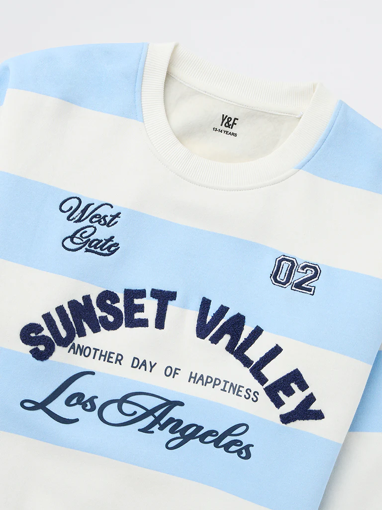 Y&F Kids Girls Blue Striped Cotton-Blend Sweatshirt - Image 3
