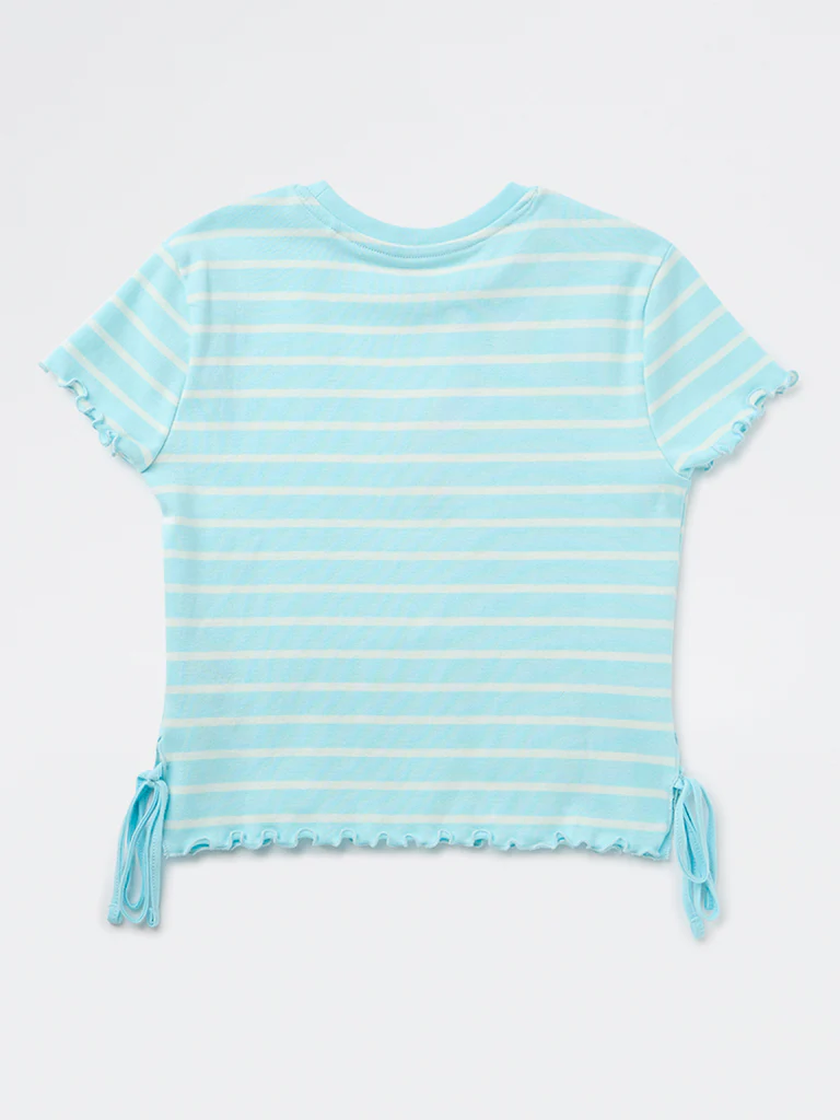 Y&F Kids Girls Blue Striped Cotton-Blend T-Shirt - Image 5