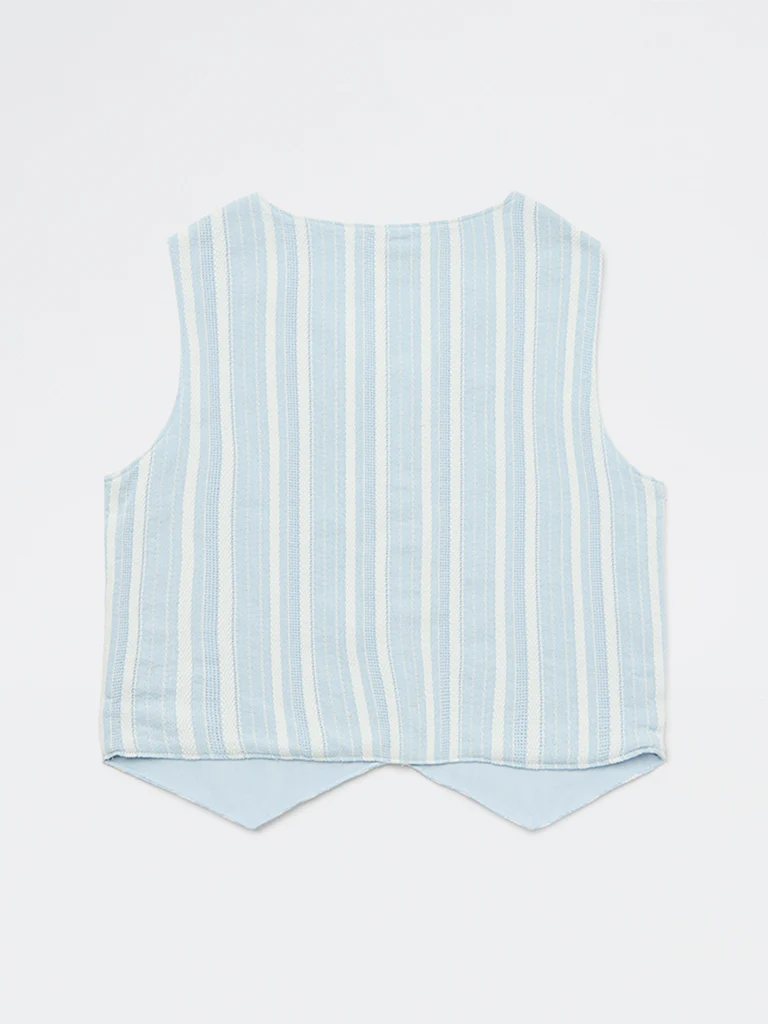 Y&F Kids Girls Blue Striped Cotton-Blend Waistcoat - Image 3