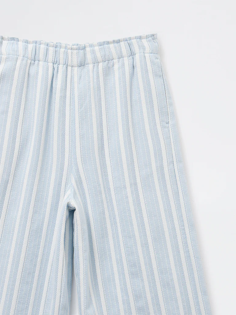 Y&F Kids Girls Blue Striped High Rise Cotton-Blend Trousers - Image 4