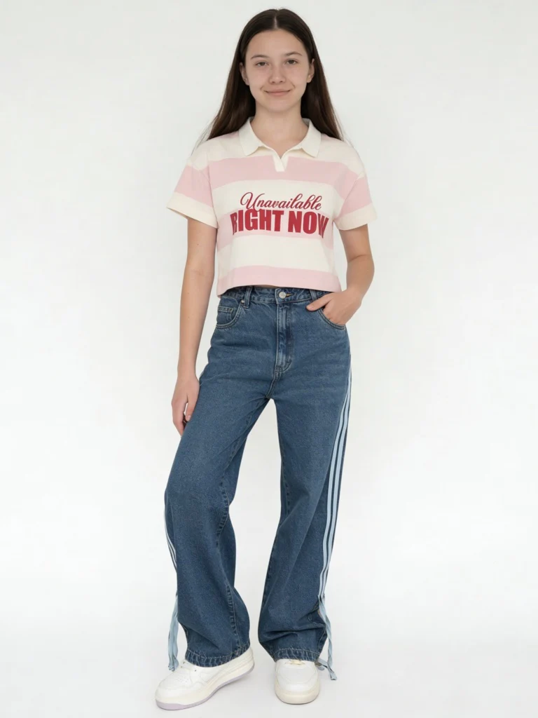 Y&F Kids Girls Blue Striped High-Rise Relaxed-Fit Jeans