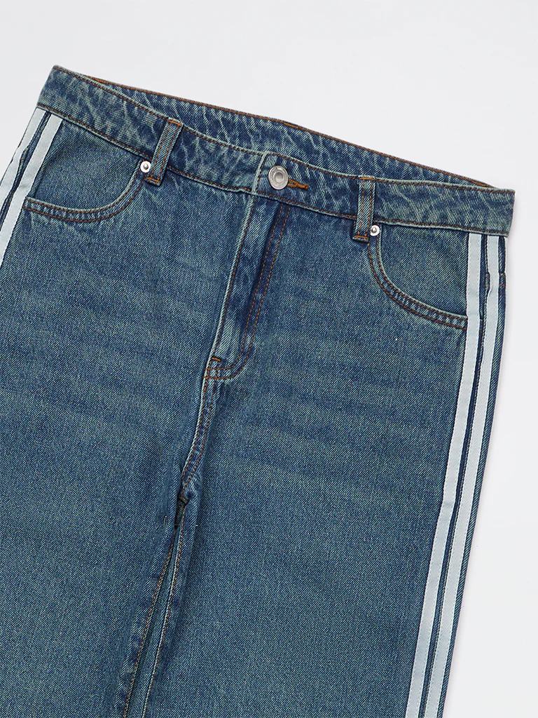 Y&F Kids Girls Blue Striped High-Rise Relaxed-Fit Jeans - Image 3