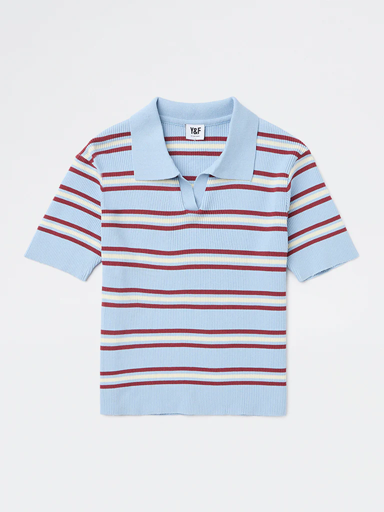 Y&F Kids Girls Blue Striped Textured T-Shirt - Image 3