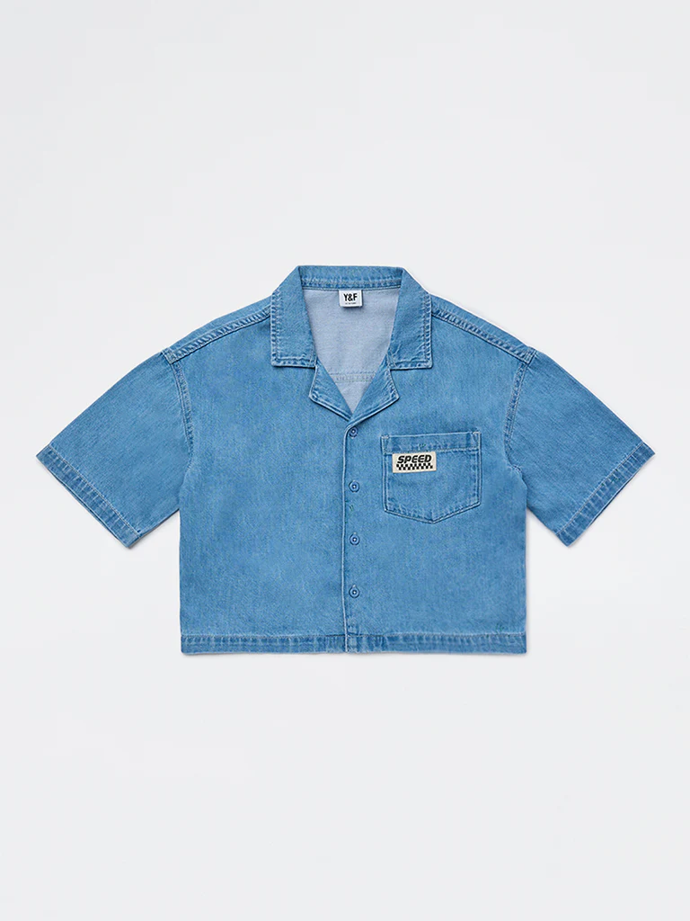 Y&F Kids Girls Blue Text Design Denim Shirt