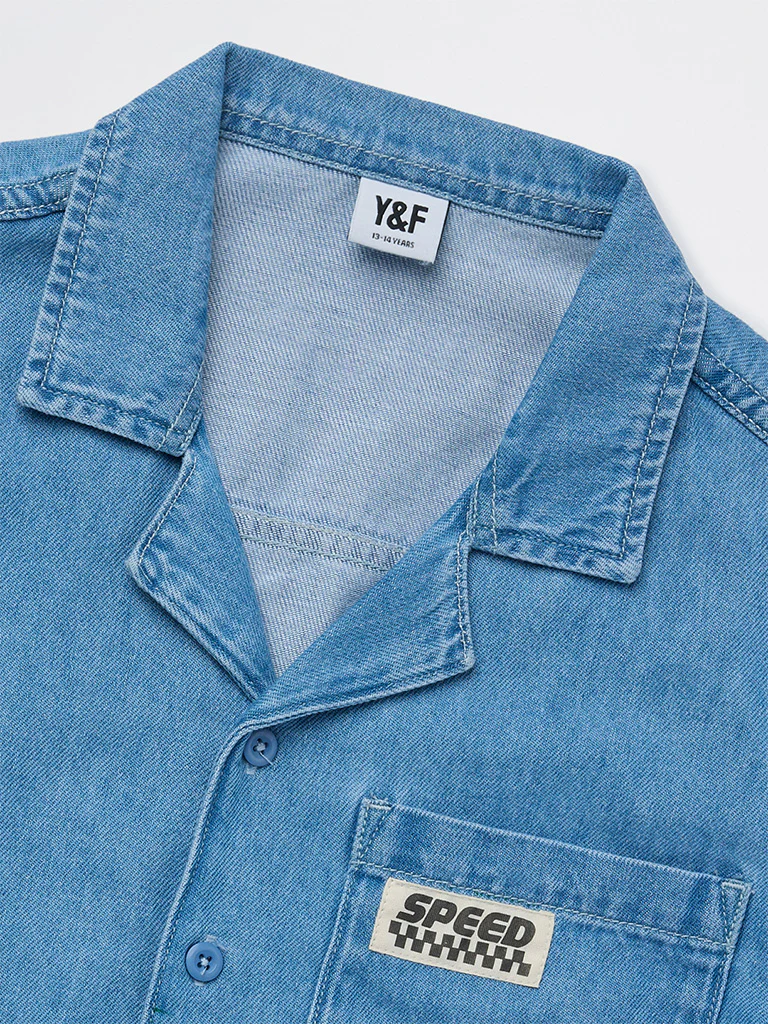 Y&F Kids Girls Blue Text Design Denim Shirt - Image 3