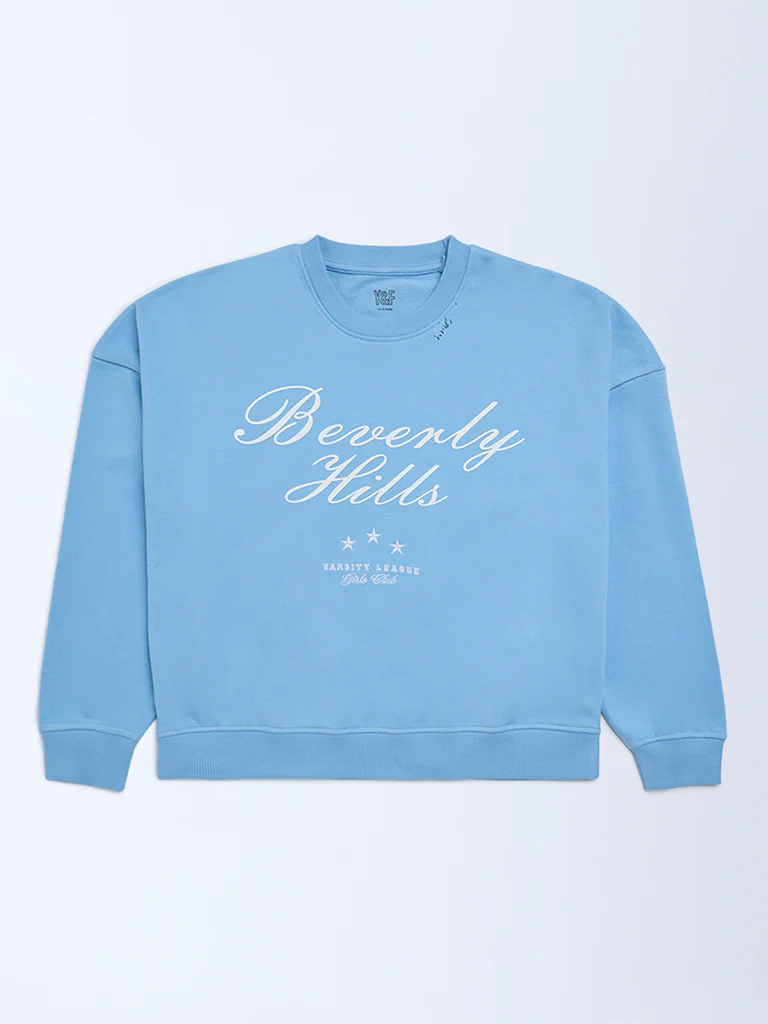 Y&F Kids Girls Blue Text Printed Cotton-Blend Sweatshirt