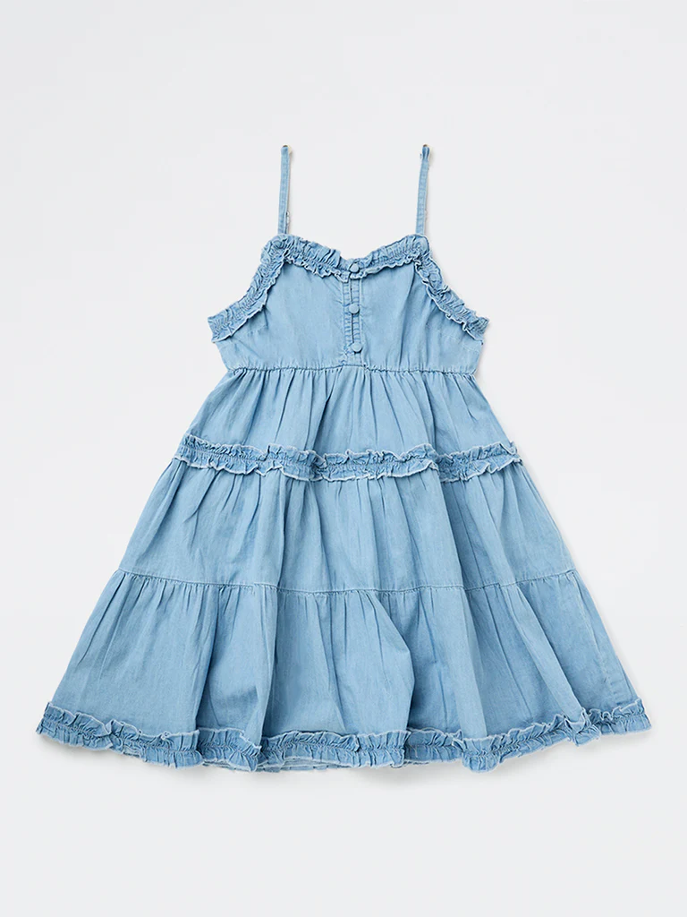 Y&F Kids Girls Blue Tiered Denim Dress - Image 4