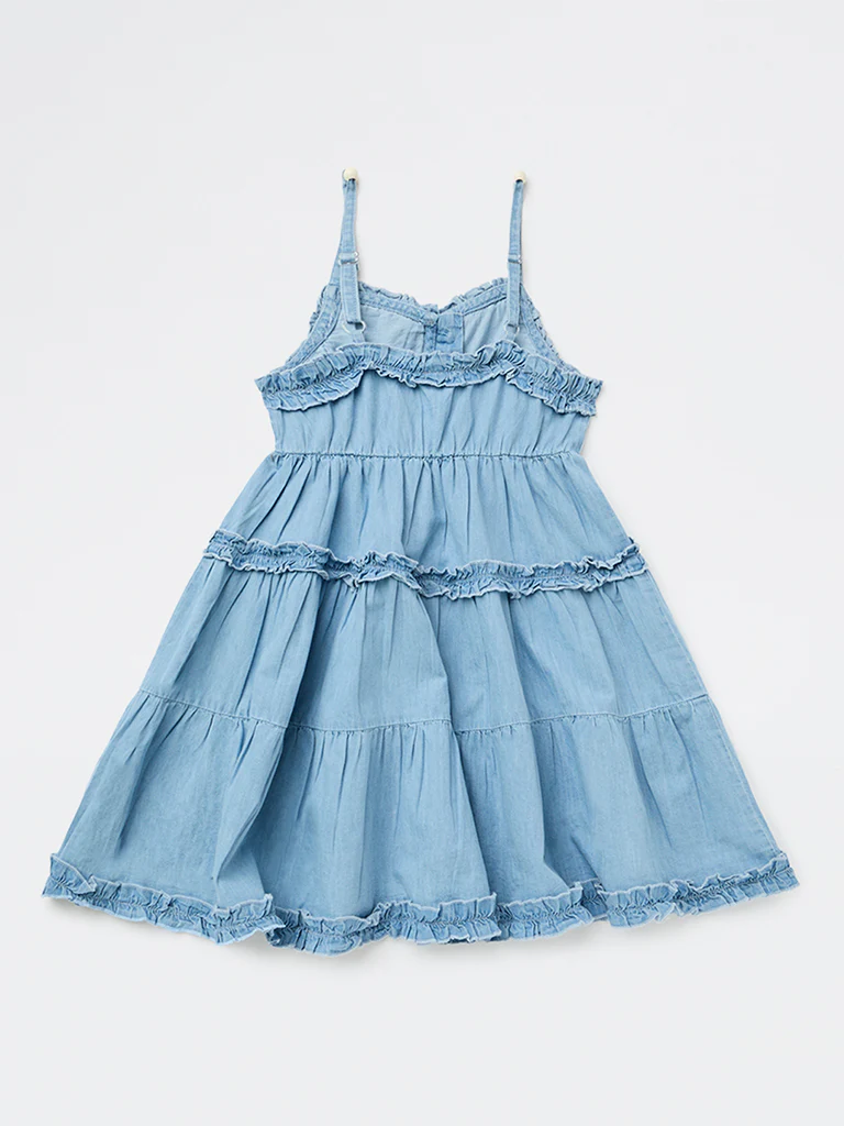 Y&F Kids Girls Blue Tiered Denim Dress - Image 5