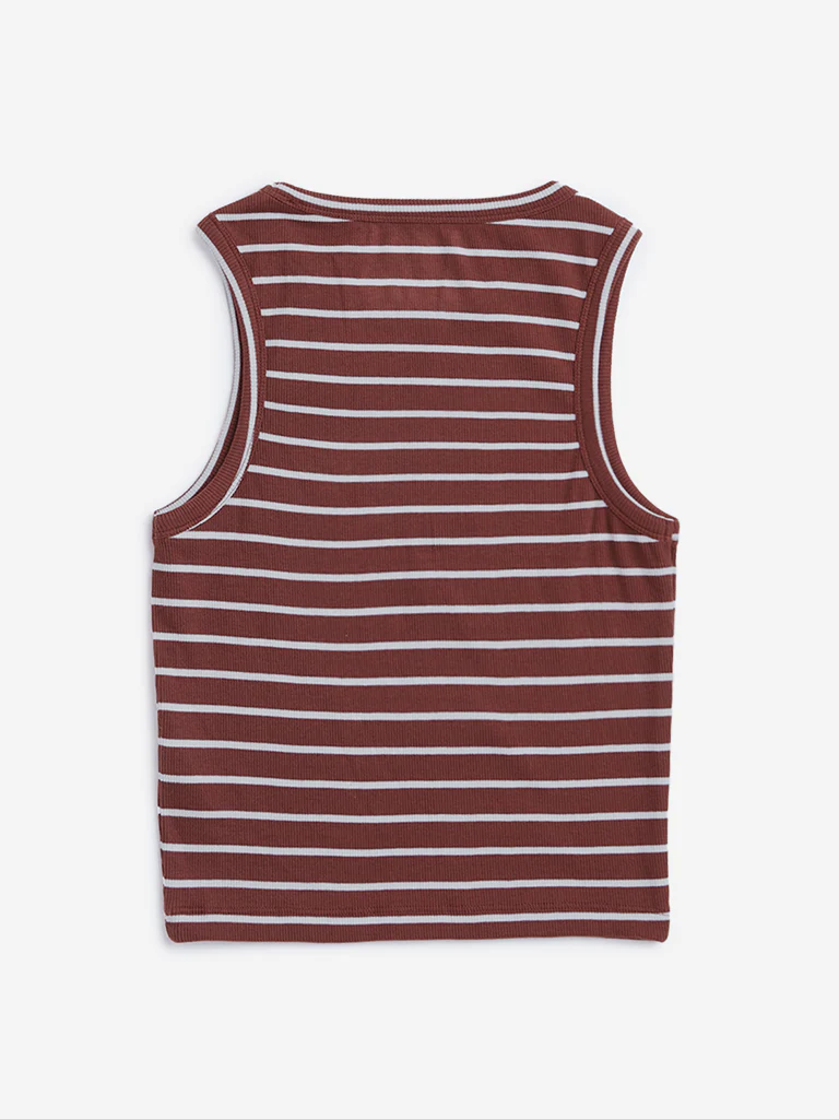 Y&F Kids Girls Brown Ribbed Design Cotton Tank Top - Image 3