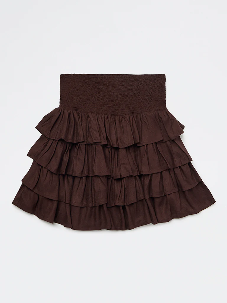 Y&F Kids Girls Brown Ruffled High-Rise Tiered Skirt - Image 4